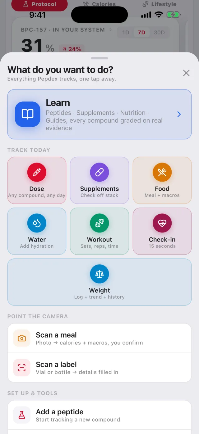 Pepdex quick-add sheet: log a dose of any compound, supplements, food, water, a workout, a check-in or weight, or scan a meal or a label